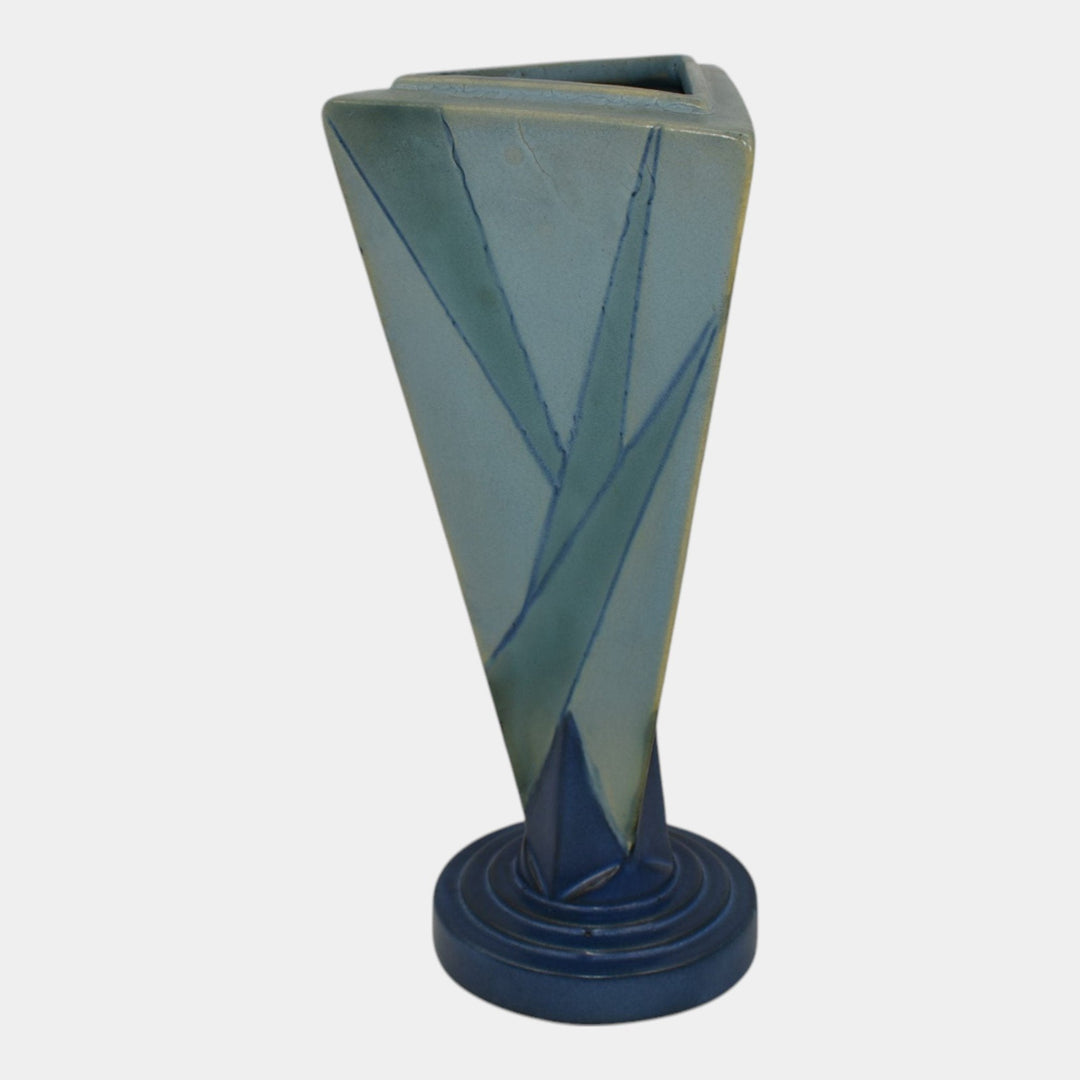 Roseville Futura 1928 Vintage Art Deco Pottery Big Blue Triangle Vase 388-9