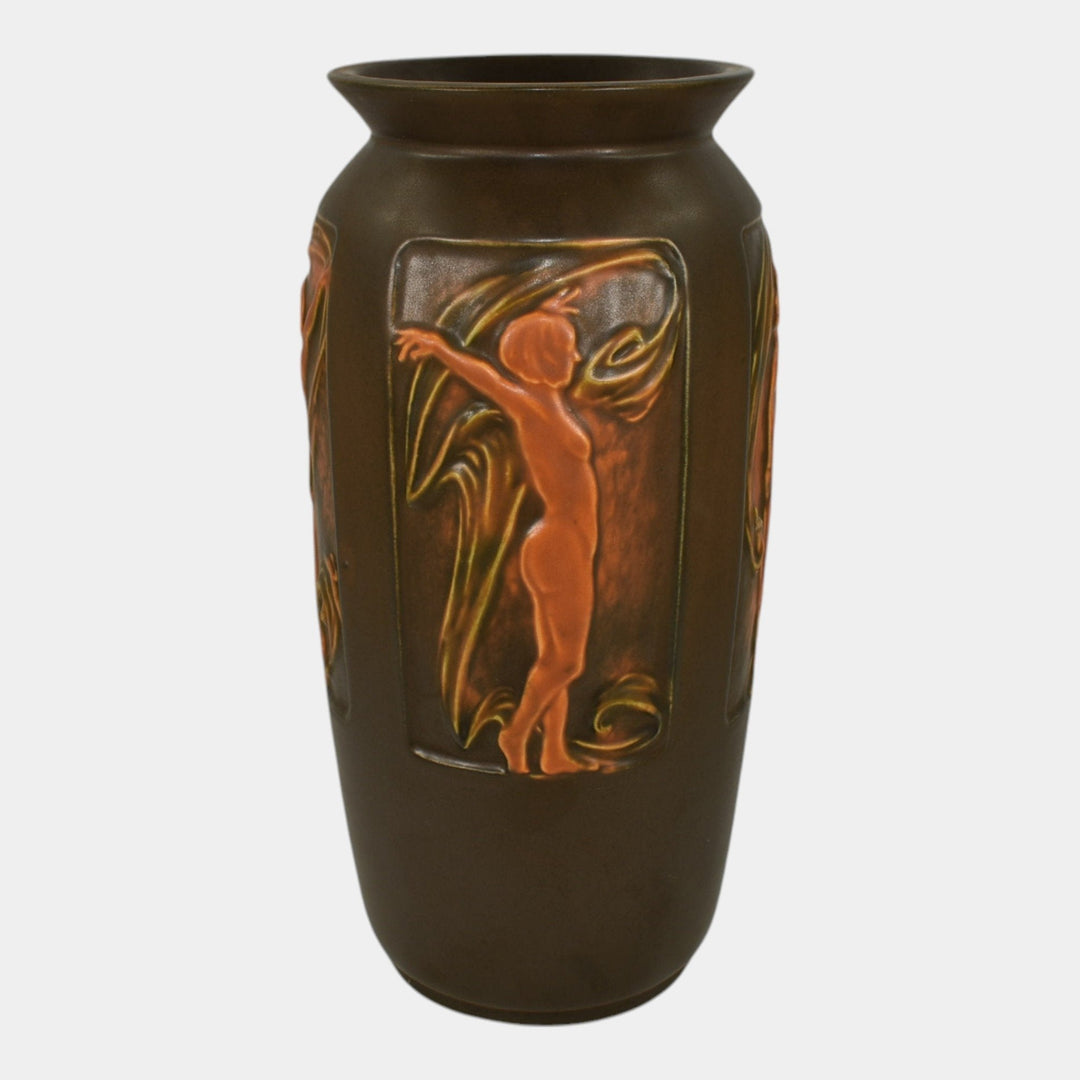 Roseville Rosecraft Panel Nude Brown 1926 Vintage Pottery Ceramic Vase 296-10