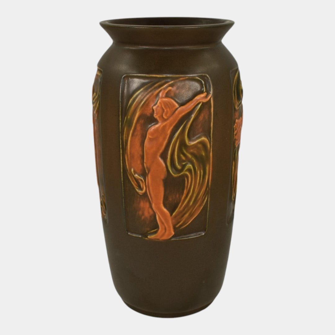 Roseville Rosecraft Panel Nude Brown 1926 Vintage Pottery Ceramic Vase 296-10