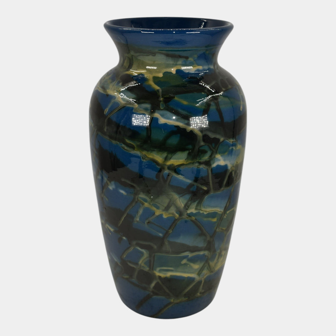Peters and Reed Marbleized 1920s Arts And Crafts Pottery Blue Ceramic Vase - Just Art Pottery