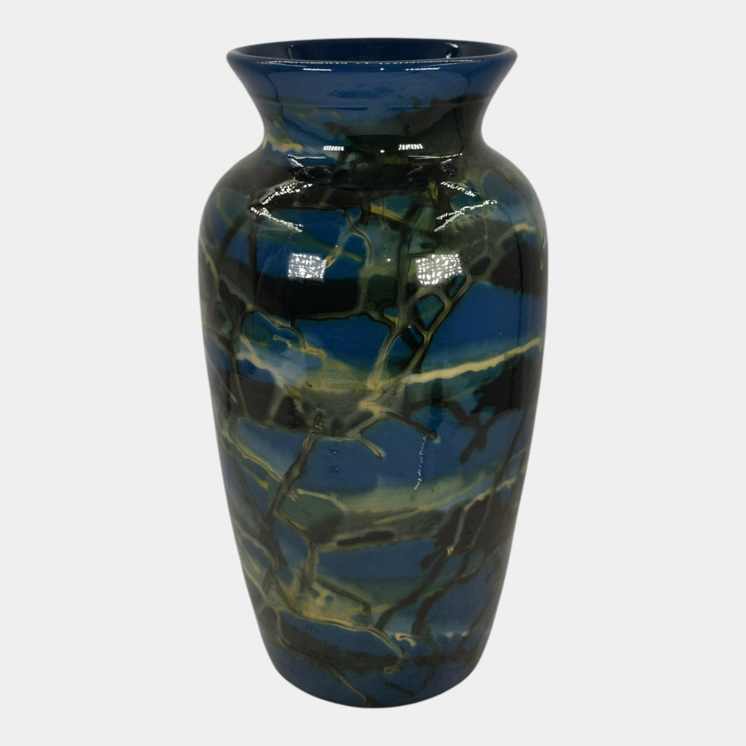 Peters and Reed Marbleized 1920s Arts And Crafts Pottery Blue Ceramic Vase