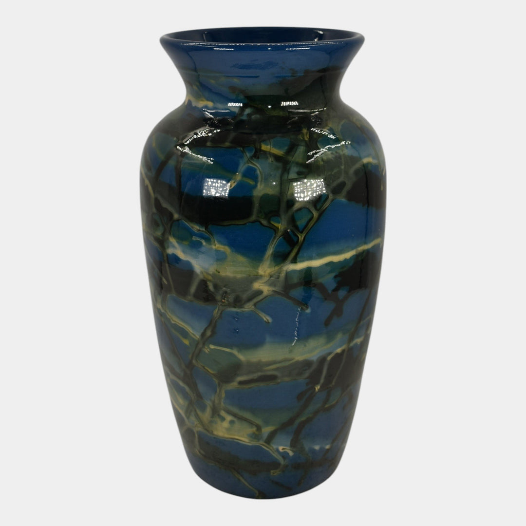 Peters and Reed Marbleized 1920s Arts And Crafts Pottery Blue Ceramic Vase - Just Art Pottery