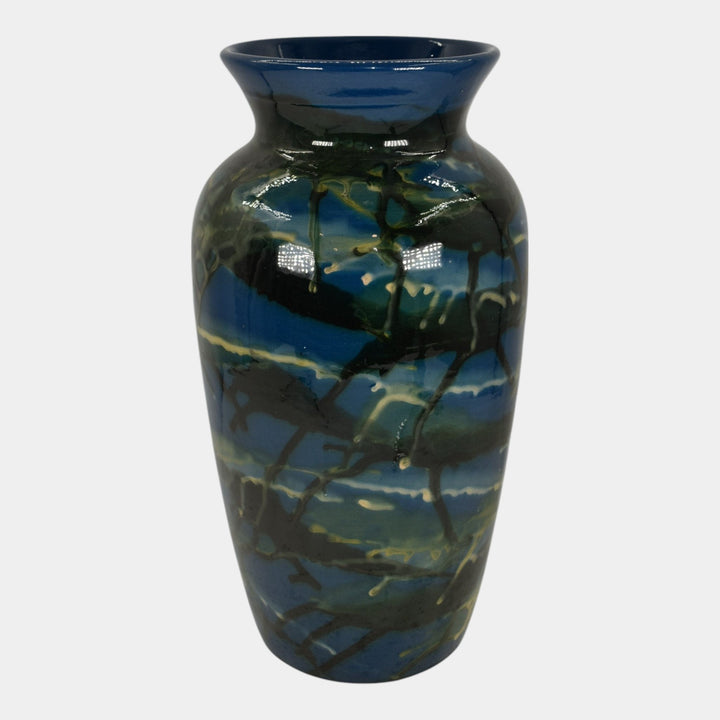 Peters and Reed Marbleized 1920s Arts And Crafts Pottery Blue Ceramic Vase
