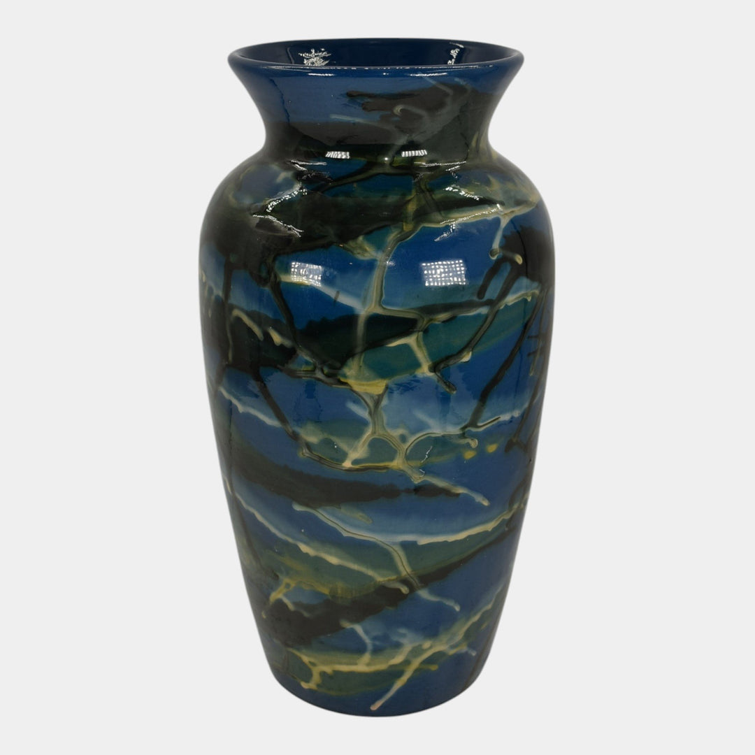 Peters and Reed Marbleized 1920s Arts And Crafts Pottery Blue Ceramic Vase - Just Art Pottery