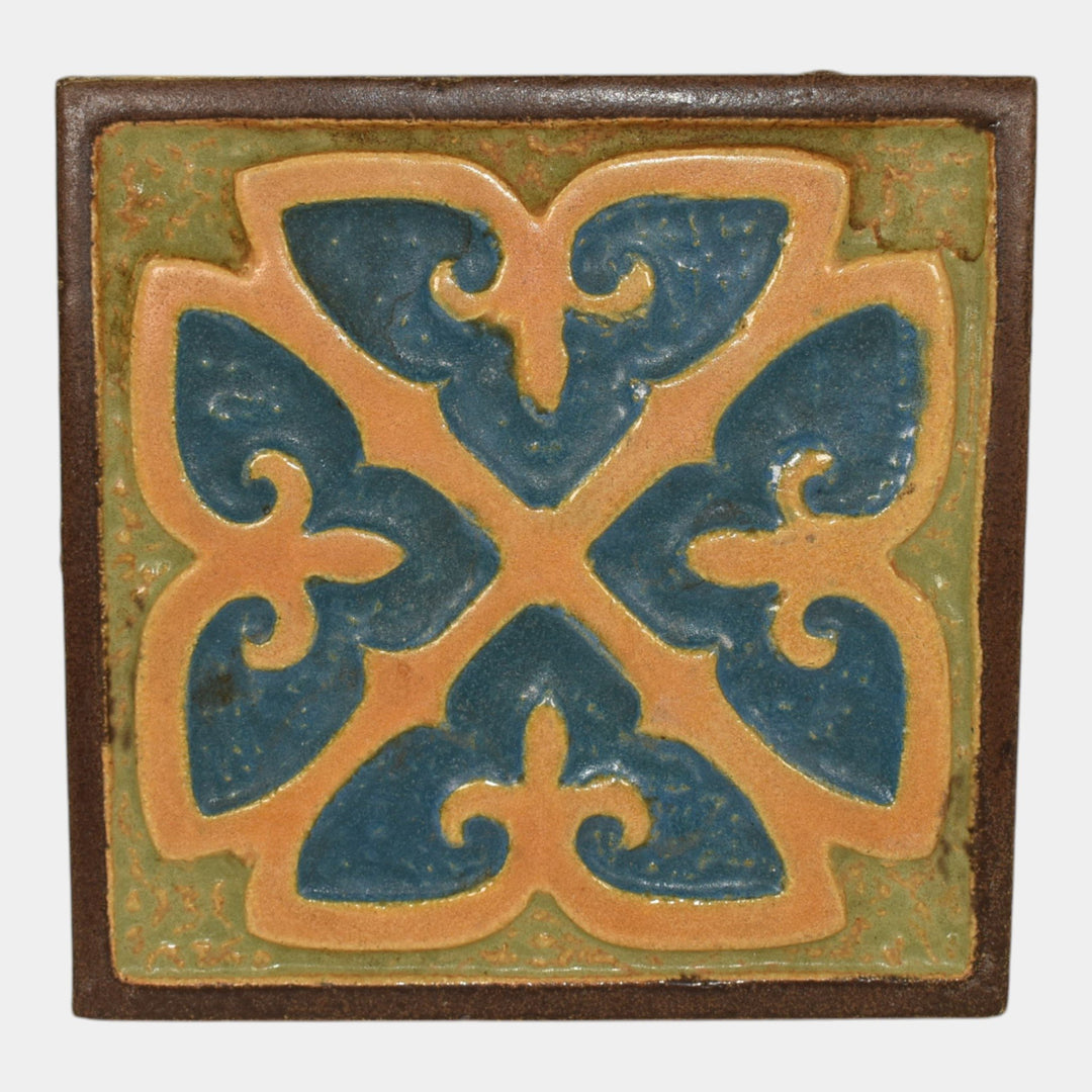 Flint Faience 1920s Vintage Art Pottery Blue Tan Geometric Ceramic Tile