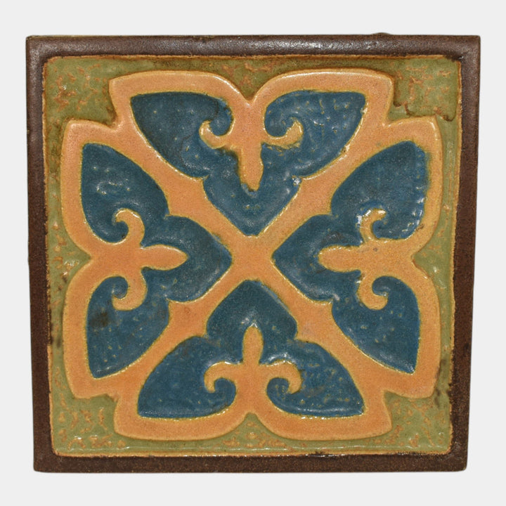 Flint Faience 1920s Vintage Art Pottery Blue Tan Geometric Ceramic Tile