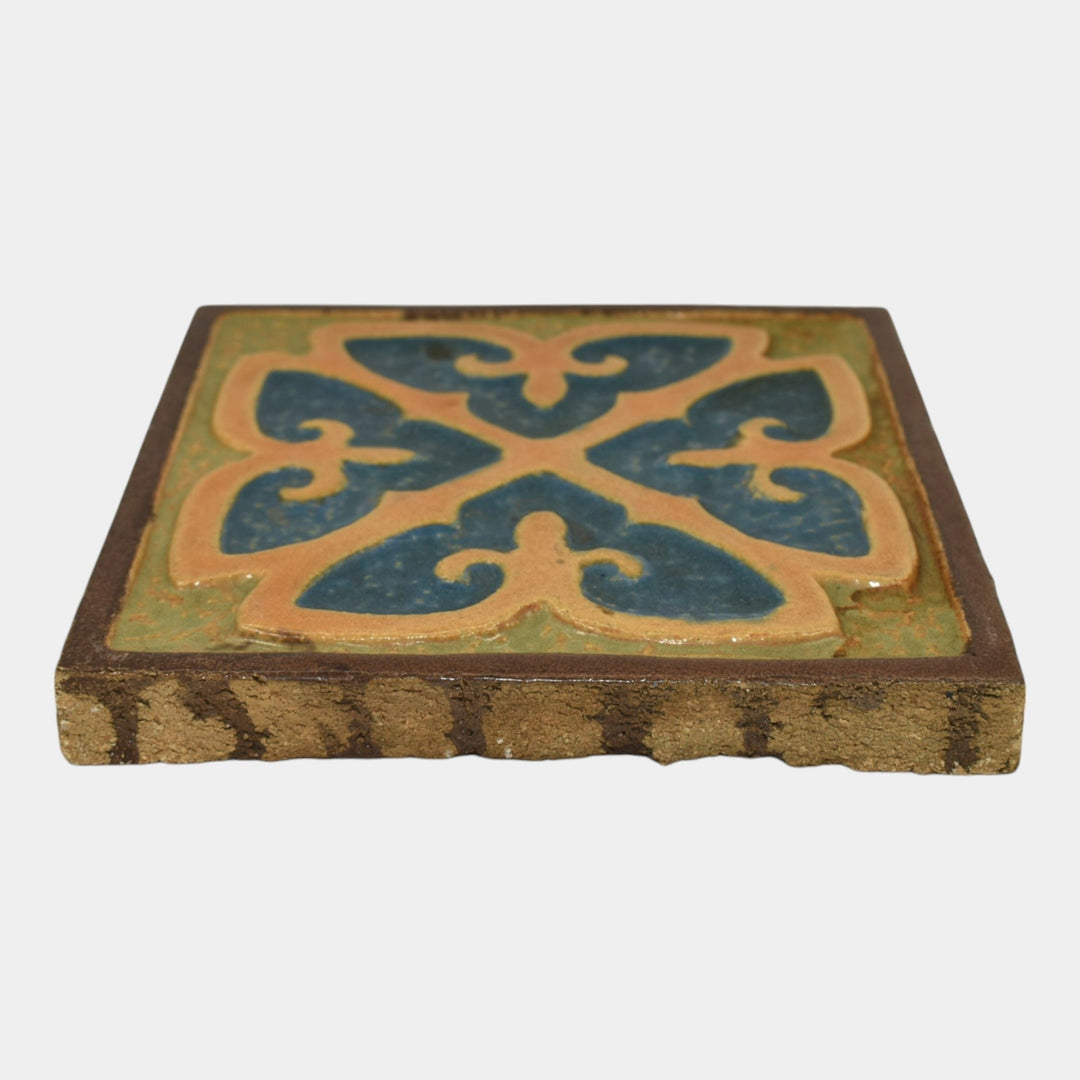 Flint Faience 1920s Vintage Art Pottery Blue Tan Geometric Ceramic Tile