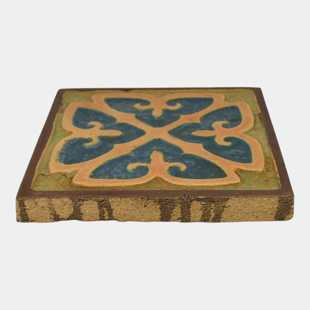 Flint Faience 1920s Vintage Art Pottery Blue Tan Geometric Ceramic Tile