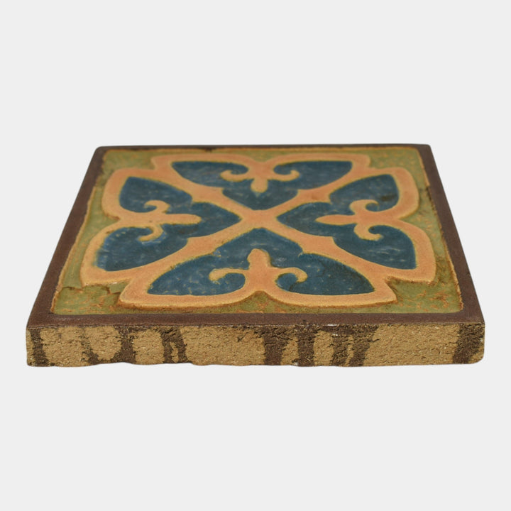 Flint Faience 1920s Vintage Art Pottery Blue Tan Geometric Ceramic Tile