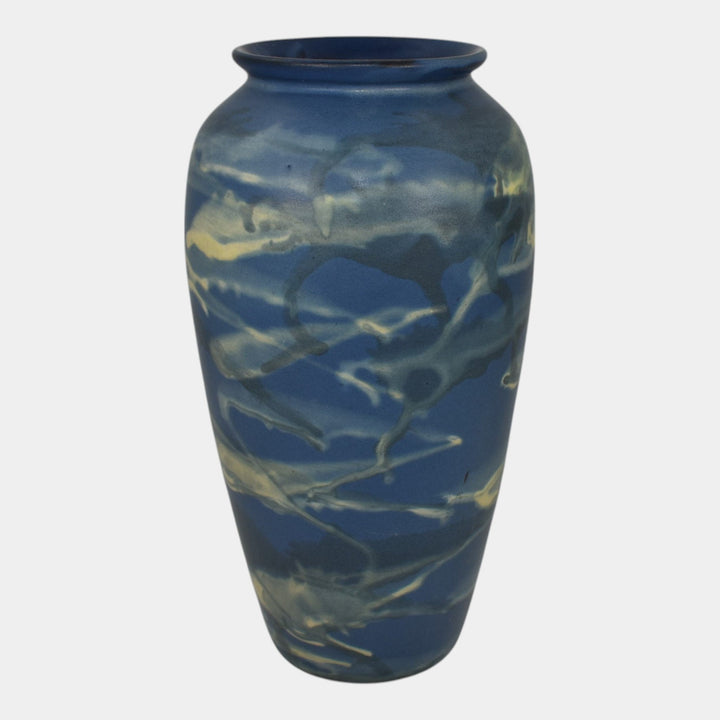 Peters and Reed Marbleized 1920s Art Pottery Matte Blue Ceramic Vase 50