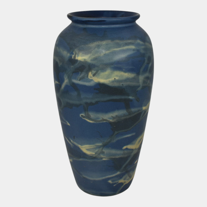 Peters and Reed Marbleized 1920s Art Pottery Matte Blue Ceramic Vase 50