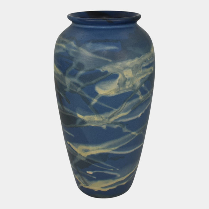 Peters and Reed Marbleized 1920s Art Pottery Matte Blue Ceramic Vase 50