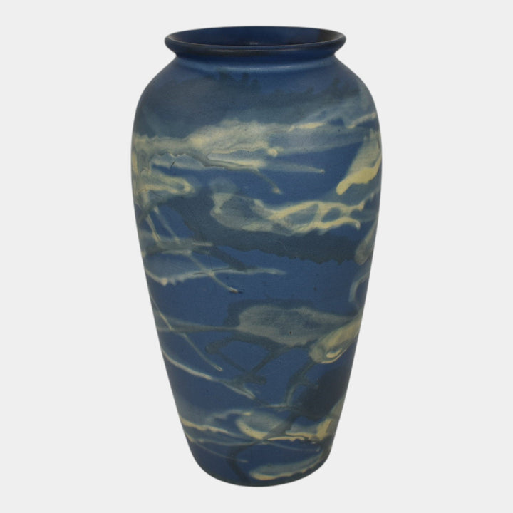 Peters and Reed Marbleized 1920s Art Pottery Matte Blue Ceramic Vase 50