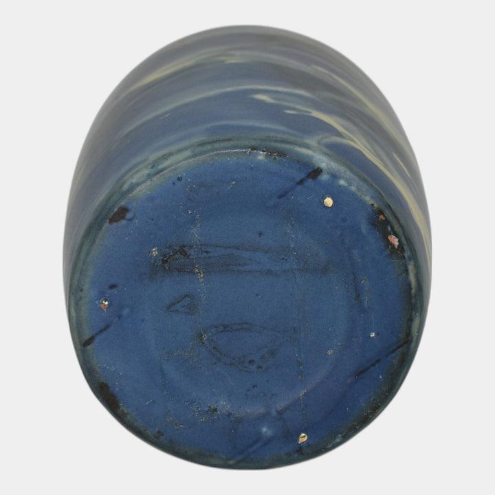 Peters and Reed Marbleized 1920s Art Pottery Matte Blue Ceramic Vase 50