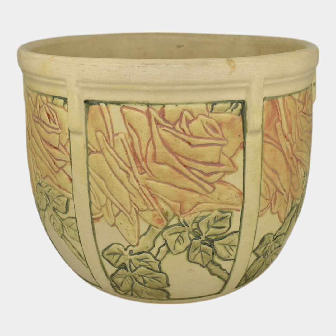Weller Roma 1910s Vintage Art Pottery Floral Ivory Ceramic Jardiniere Planter - Just Art Pottery