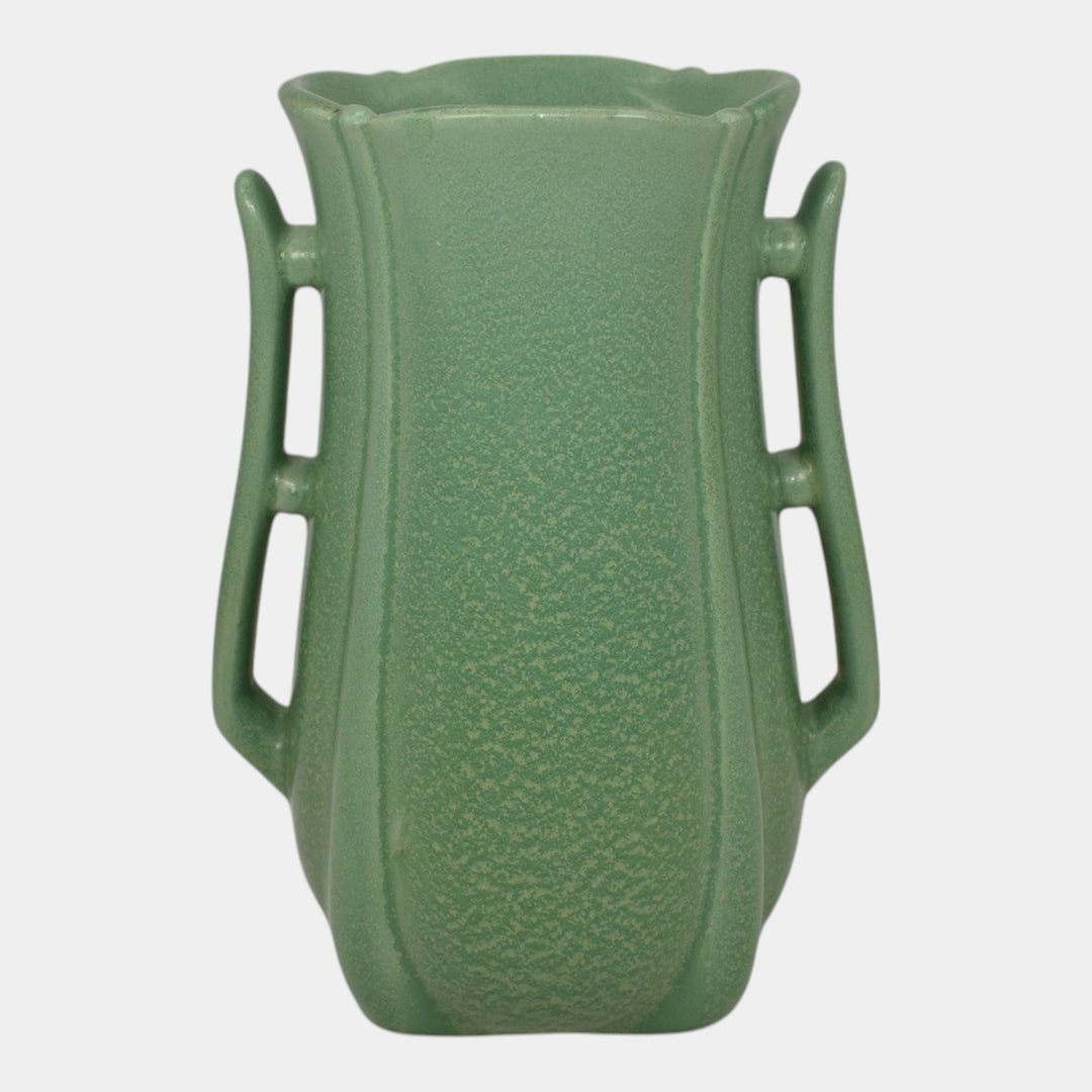 Haeger 1920s Art Deco Pottery Frosted Matte Green Handled Vase - Just Art Pottery