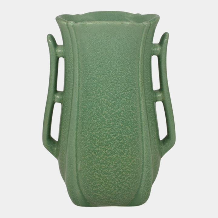 Haeger 1920s Art Deco Pottery Frosted Matte Green Handled Vase - Just Art Pottery