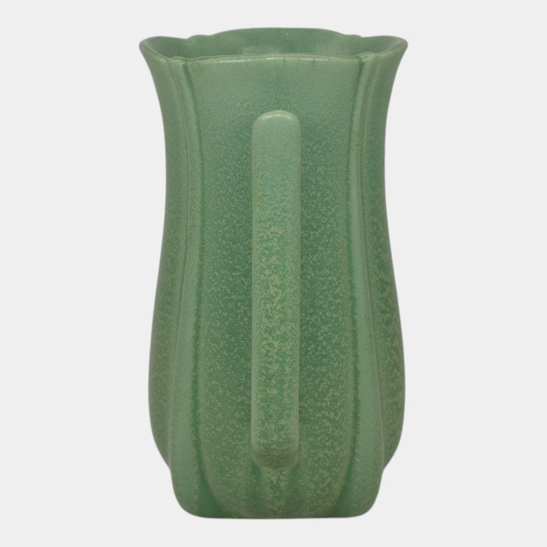 Haeger 1920s Art Deco Pottery Frosted Matte Green Handled Vase - Just Art Pottery