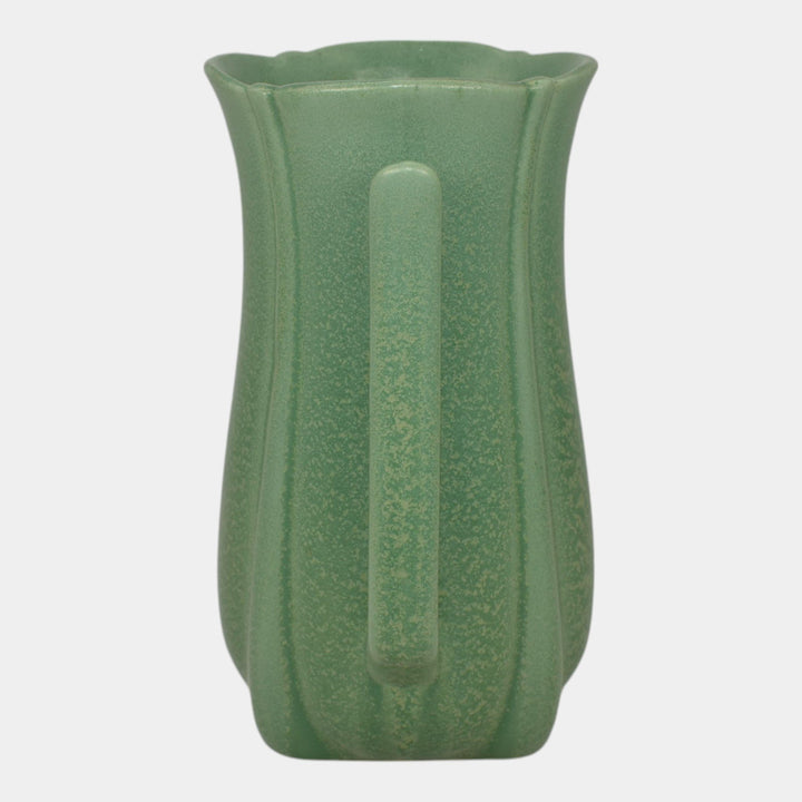 Haeger 1920s Art Deco Pottery Frosted Matte Green Handled Vase - Just Art Pottery