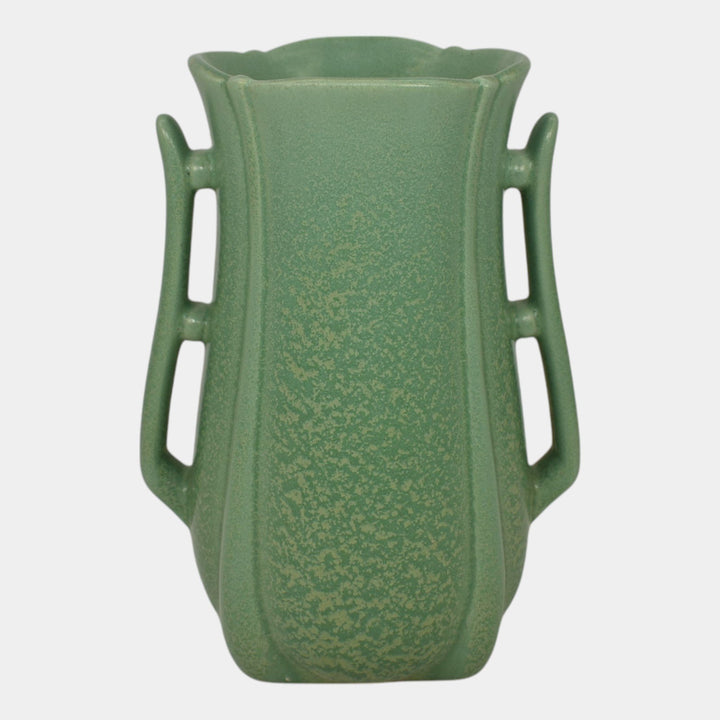 Haeger 1920s Art Deco Pottery Frosted Matte Green Handled Vase - Just Art Pottery