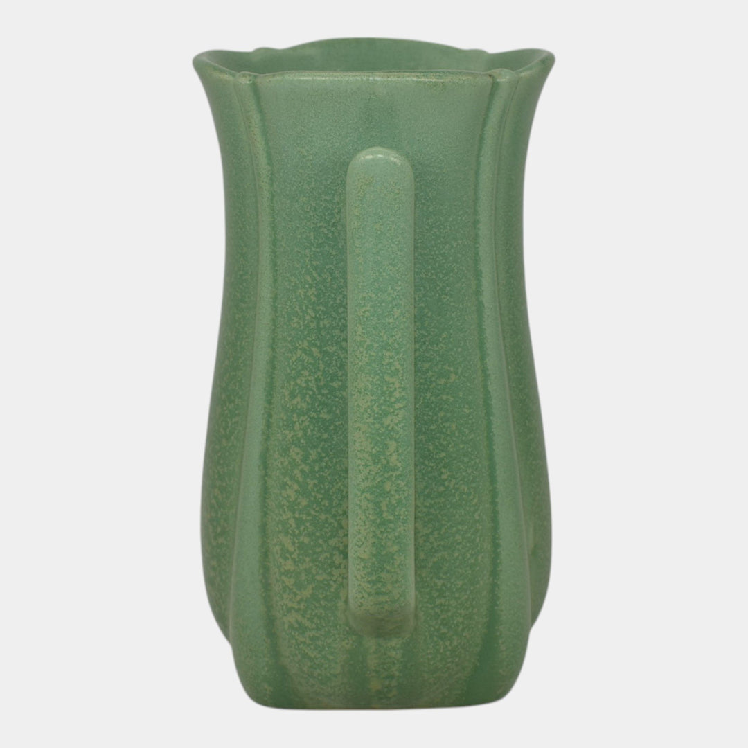 Haeger 1920s Art Deco Pottery Frosted Matte Green Handled Vase - Just Art Pottery