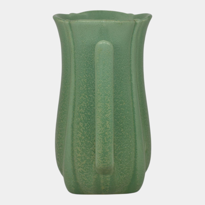 Haeger 1920s Art Deco Pottery Frosted Matte Green Handled Vase - Just Art Pottery