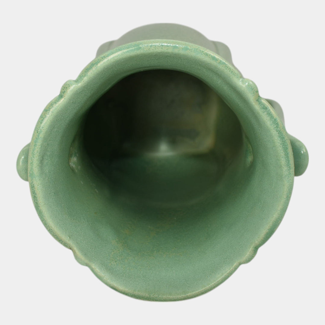 Haeger 1920s Art Deco Pottery Frosted Matte Green Handled Vase - Just Art Pottery