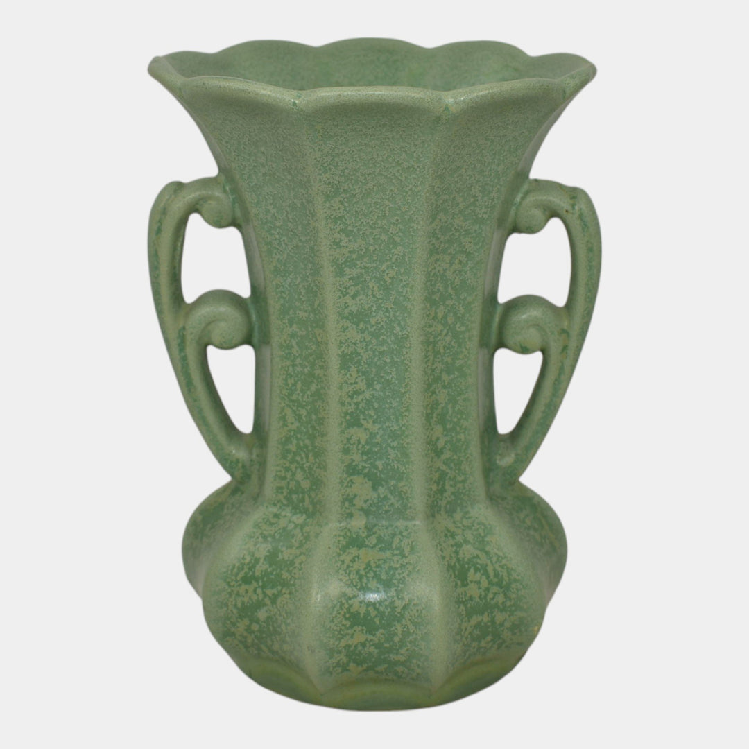 Haeger 1920s Art Deco Pottery Frosted Matte Green Handled Vase