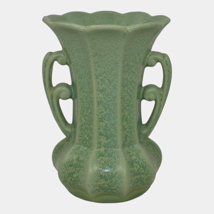Haeger 1920s Art Deco Pottery Frosted Matte Green Handled Vase