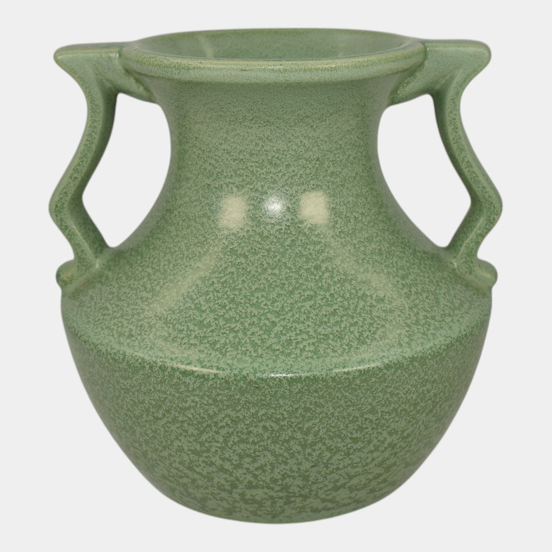 Haeger 1920s Art Pottery Geranium Leaf Frosted Matte Green Handled Vase - Just Art Pottery