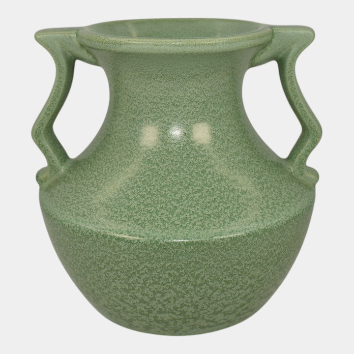 Haeger 1920s Art Pottery Geranium Leaf Frosted Matte Green Handled Vase - Just Art Pottery
