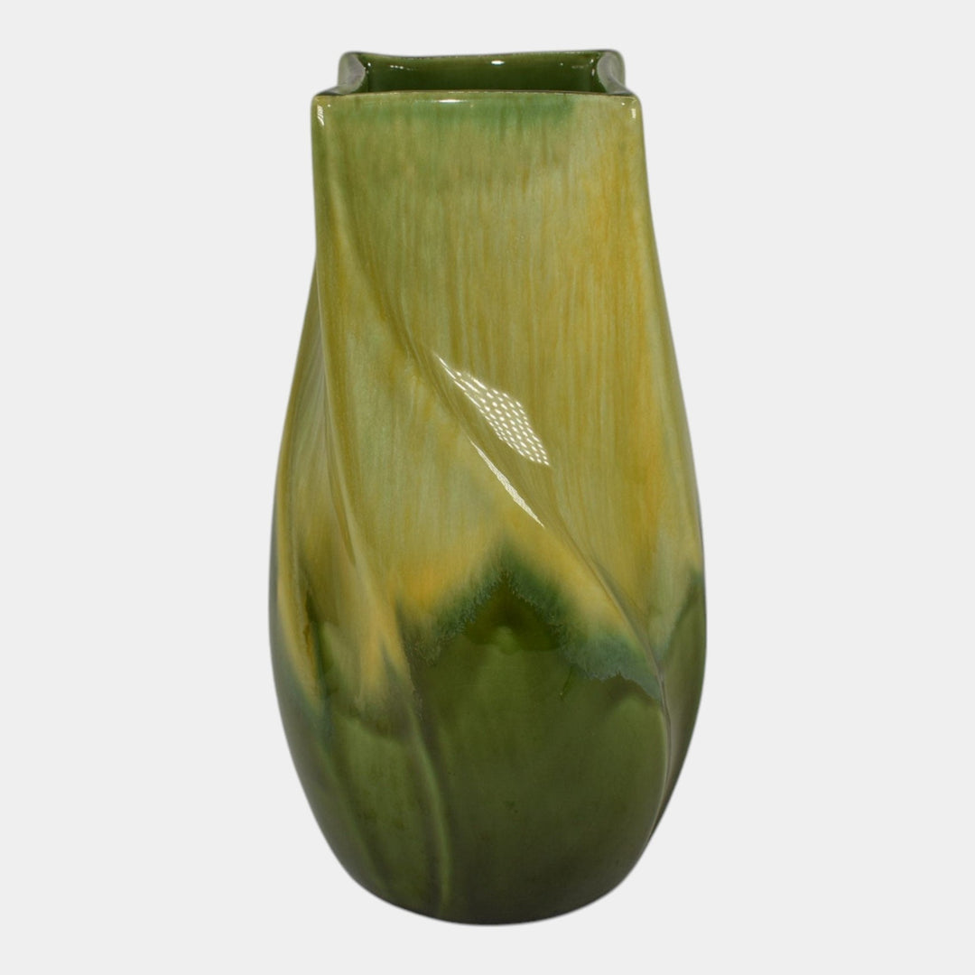 Haeger 1970s Modern Deco Art Pottery Yellow Green Glaze Ceramic Twist Vase - Just Art Pottery