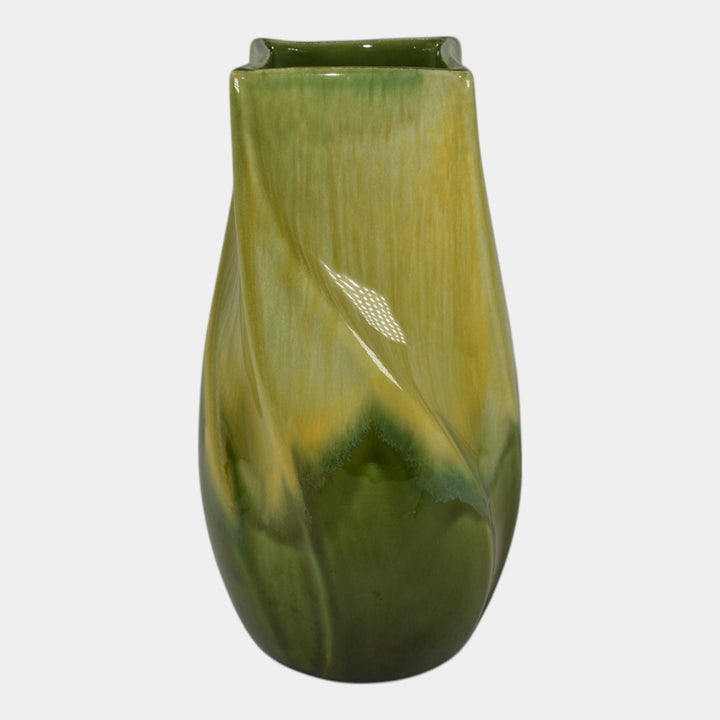 Haeger 1970s Modern Deco Art Pottery Yellow Green Glaze Ceramic Twist Vase - Just Art Pottery