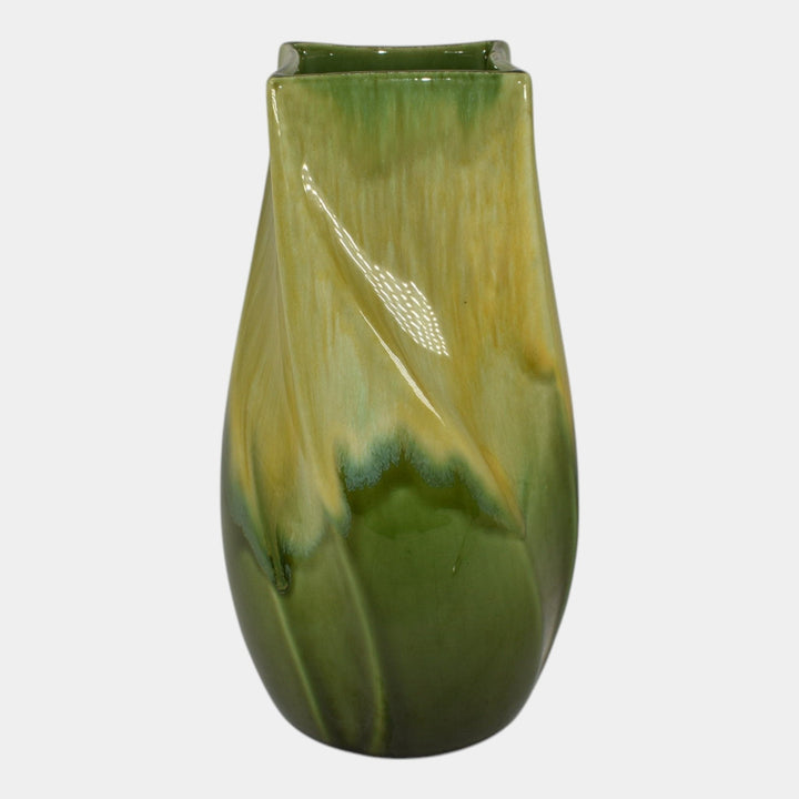 Haeger 1970s Modern Deco Art Pottery Yellow Green Glaze Ceramic Twist Vase - Just Art Pottery