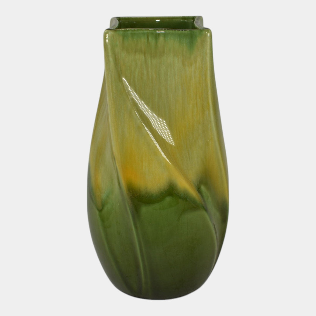 Haeger 1970s Modern Deco Art Pottery Yellow Green Glaze Ceramic Twist Vase - Just Art Pottery