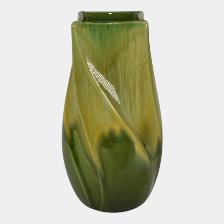 Haeger 1970s Modern Deco Art Pottery Yellow Green Glaze Ceramic Twist Vase - Just Art Pottery
