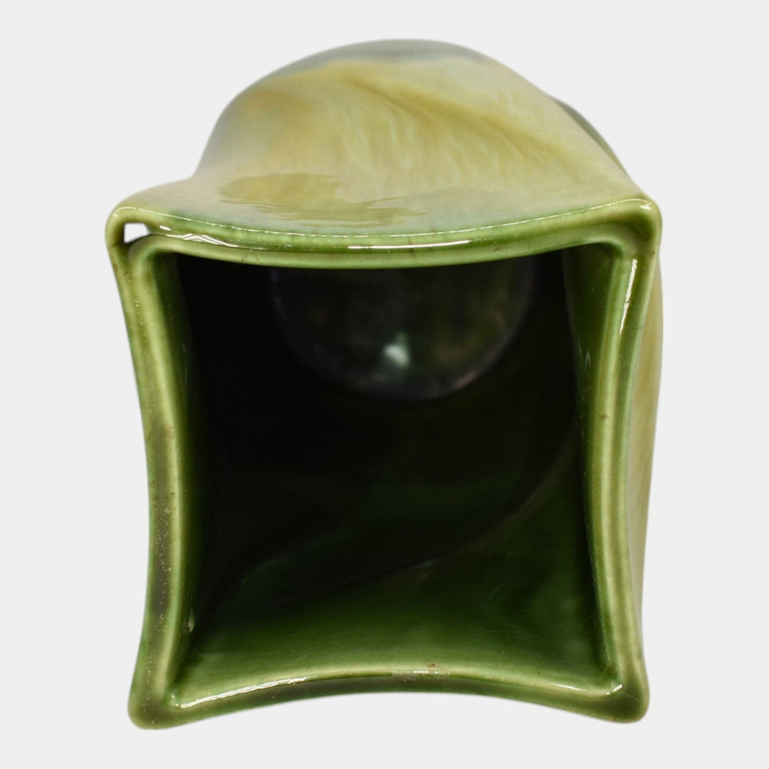 Haeger 1970s Modern Deco Art Pottery Yellow Green Glaze Ceramic Twist Vase - Just Art Pottery
