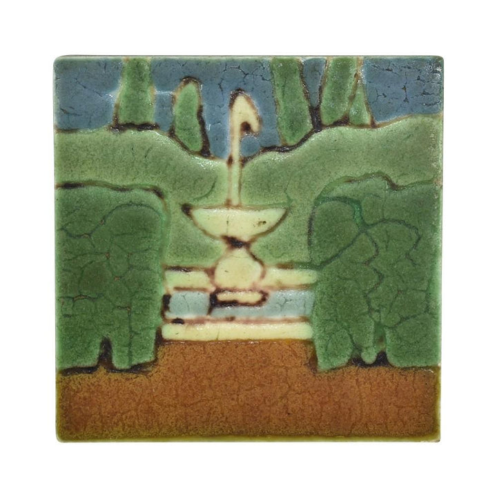 Grueby Art Pottery Green Architectural Fountain And Trees Five Color Tile