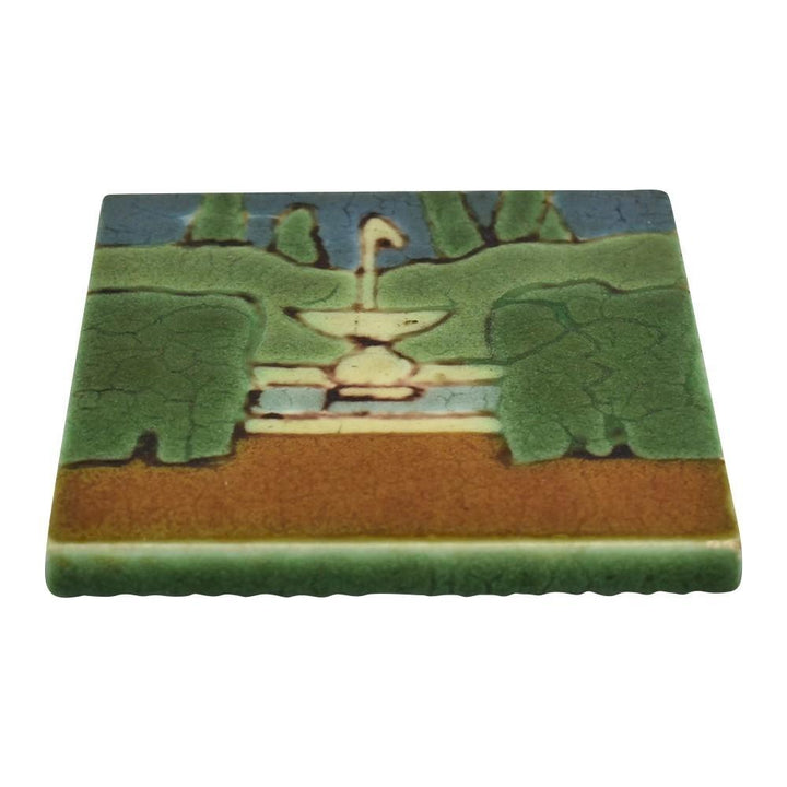 Grueby Art Pottery Green Architectural Fountain And Trees Five Color Tile