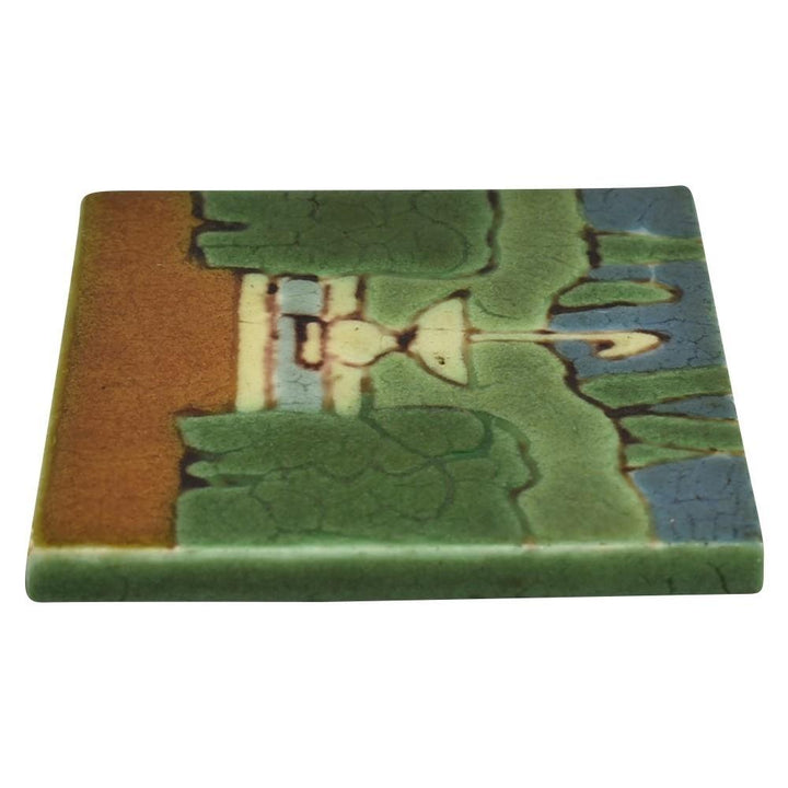 Grueby Art Pottery Green Architectural Fountain And Trees Five Color Tile