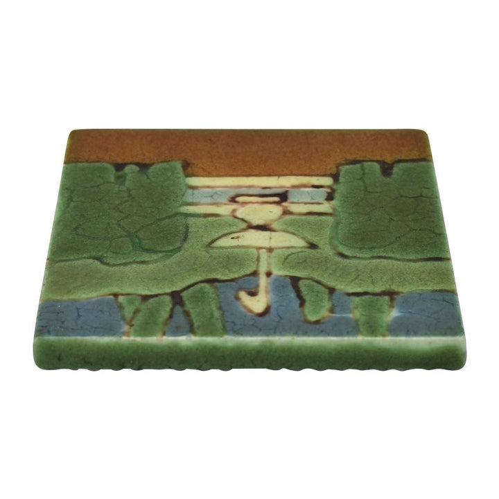 Grueby Art Pottery Green Architectural Fountain And Trees Five Color Tile