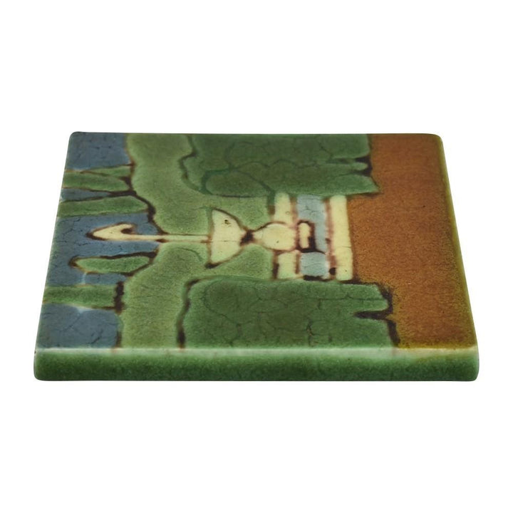 Grueby Art Pottery Green Architectural Fountain And Trees Five Color Tile