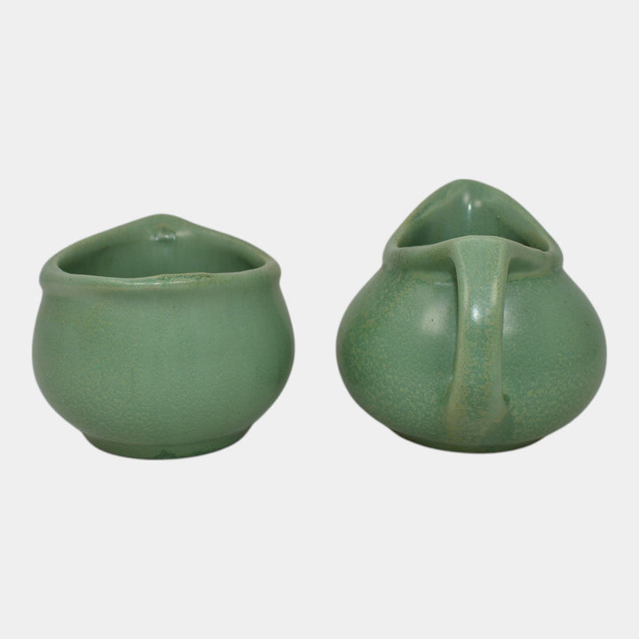 Haeger 1920s Art Pottery Geranium Leaf Frosted Matte Green Creamer And Sugar