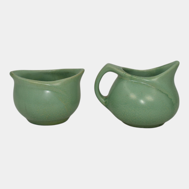 Haeger 1920s Art Pottery Geranium Leaf Frosted Matte Green Creamer And Sugar