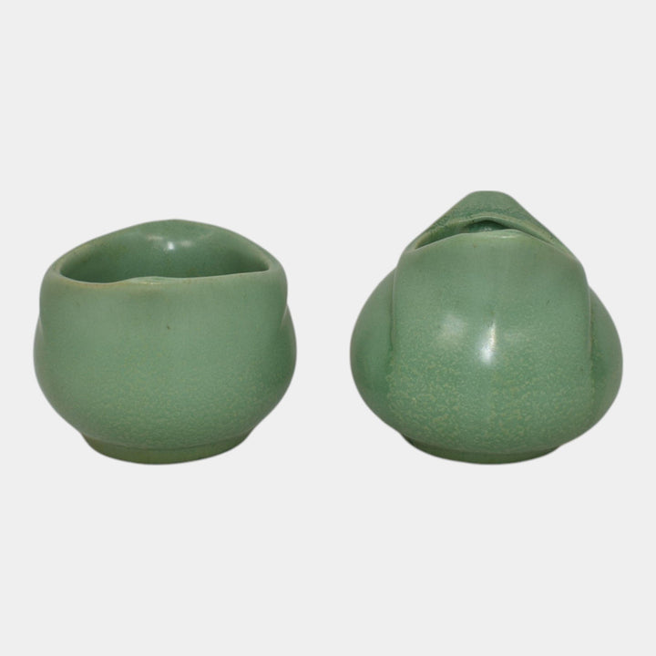 Haeger 1920s Art Pottery Geranium Leaf Frosted Matte Green Creamer And Sugar