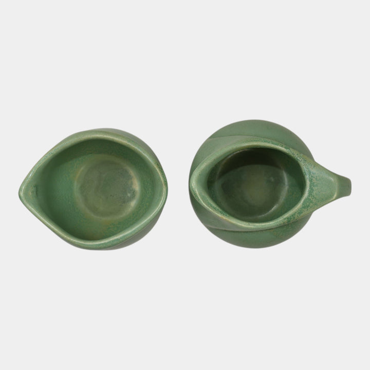 Haeger 1920s Art Pottery Geranium Leaf Frosted Matte Green Creamer And Sugar