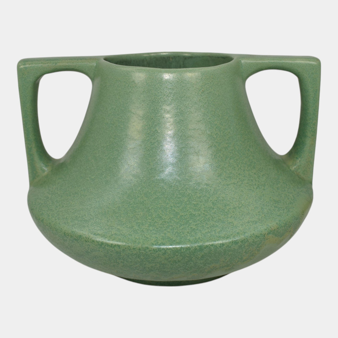Haeger 1920s Art Pottery Geranium Leaf Frosted Matte Green Handled Vase