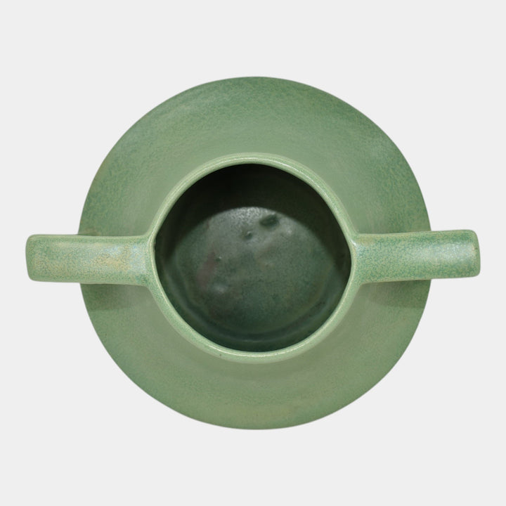 Haeger 1920s Art Pottery Geranium Leaf Frosted Matte Green Handled Vase