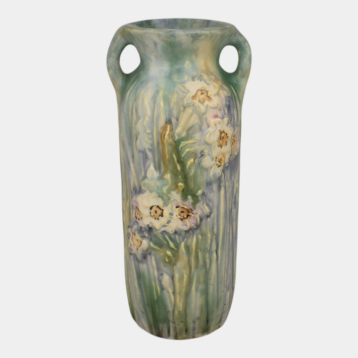 Weller Silvertone 1920s Vintage Art Pottery Floral Blue Pastel Ceramic Vase