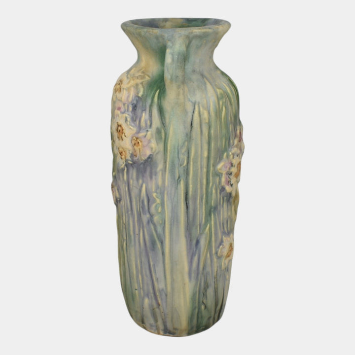 Weller Silvertone 1920s Vintage Art Pottery Floral Blue Pastel Ceramic Vase